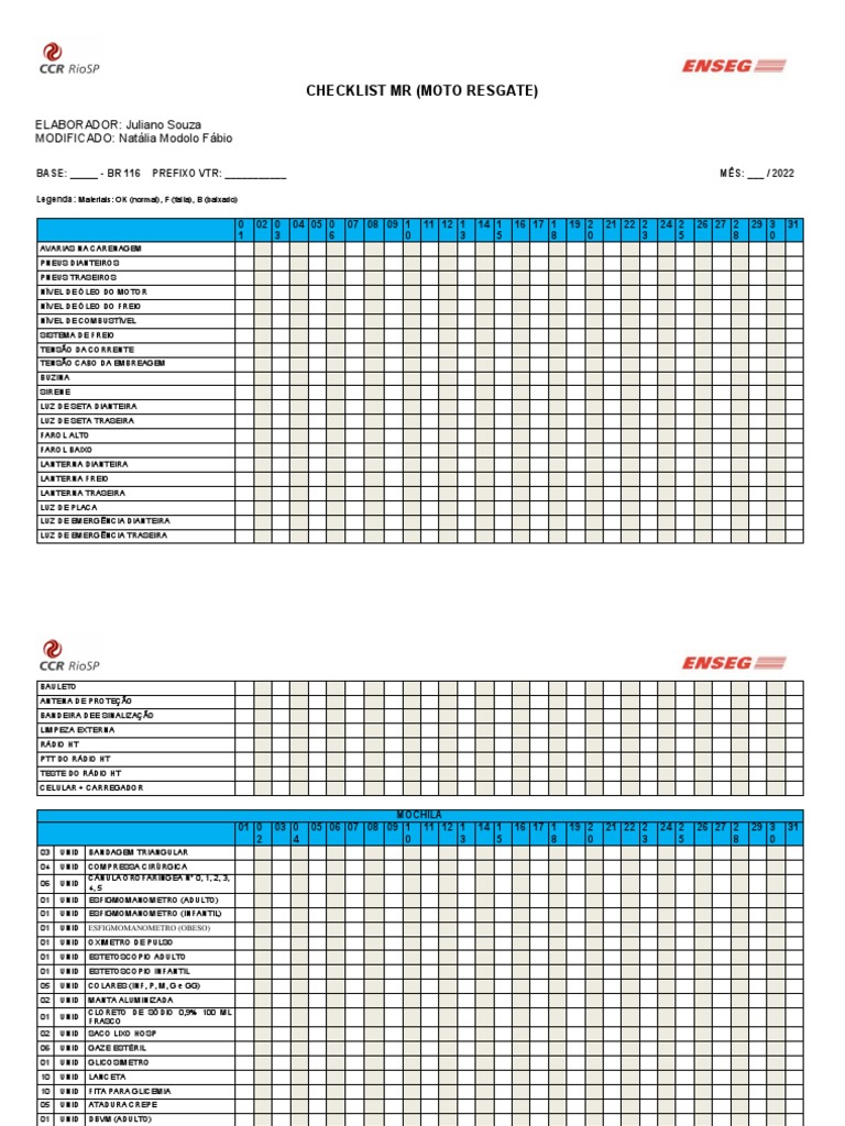 Checklist de Moto Resgate 2022 | PDF | Tecnologia e Engenharia