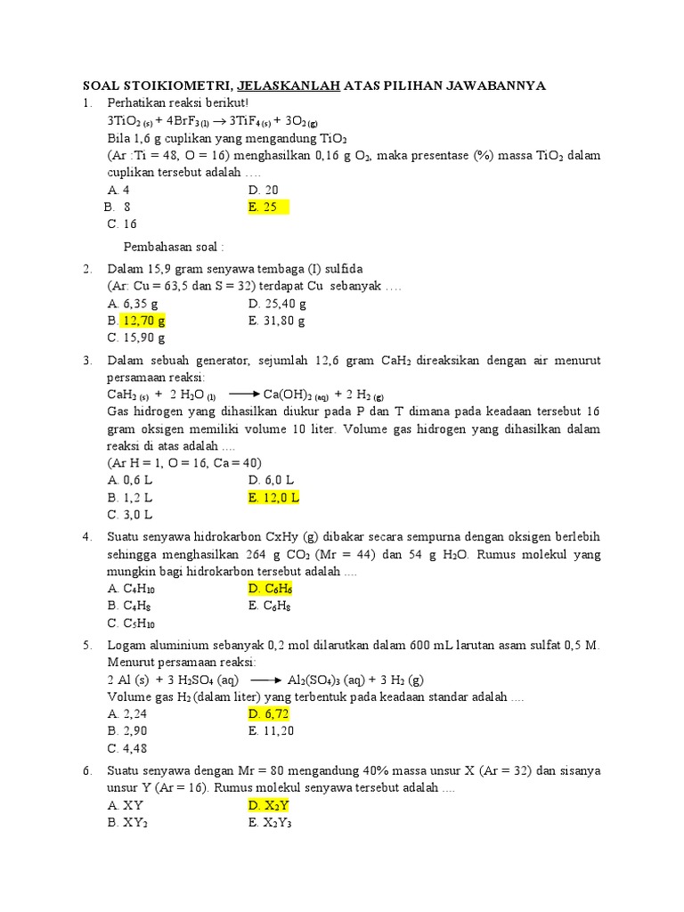 Soal dan Pembahasan Stoikiometri | PDF | Metode & Bahan Ajar | Sains ...