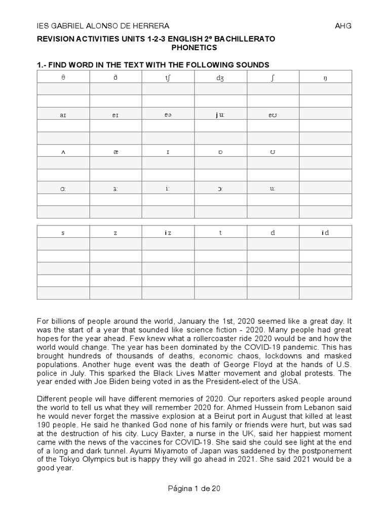 Revision Activities English 2º Bato Units 1 2 3 2 PDF Physical