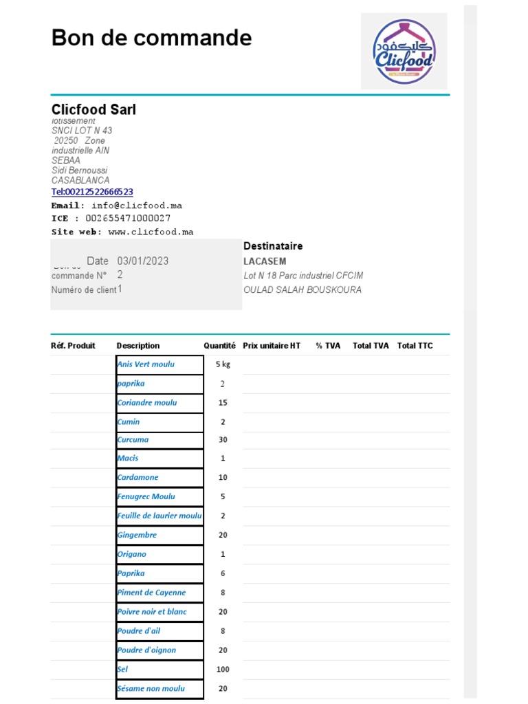 Bon de commande Clicfood Sarl | PDF