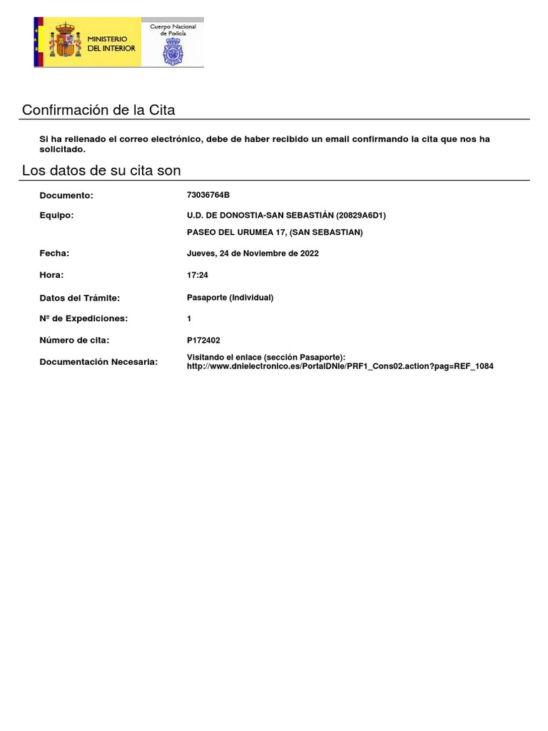 Confirmación de Cita para Pasaporte | PDF