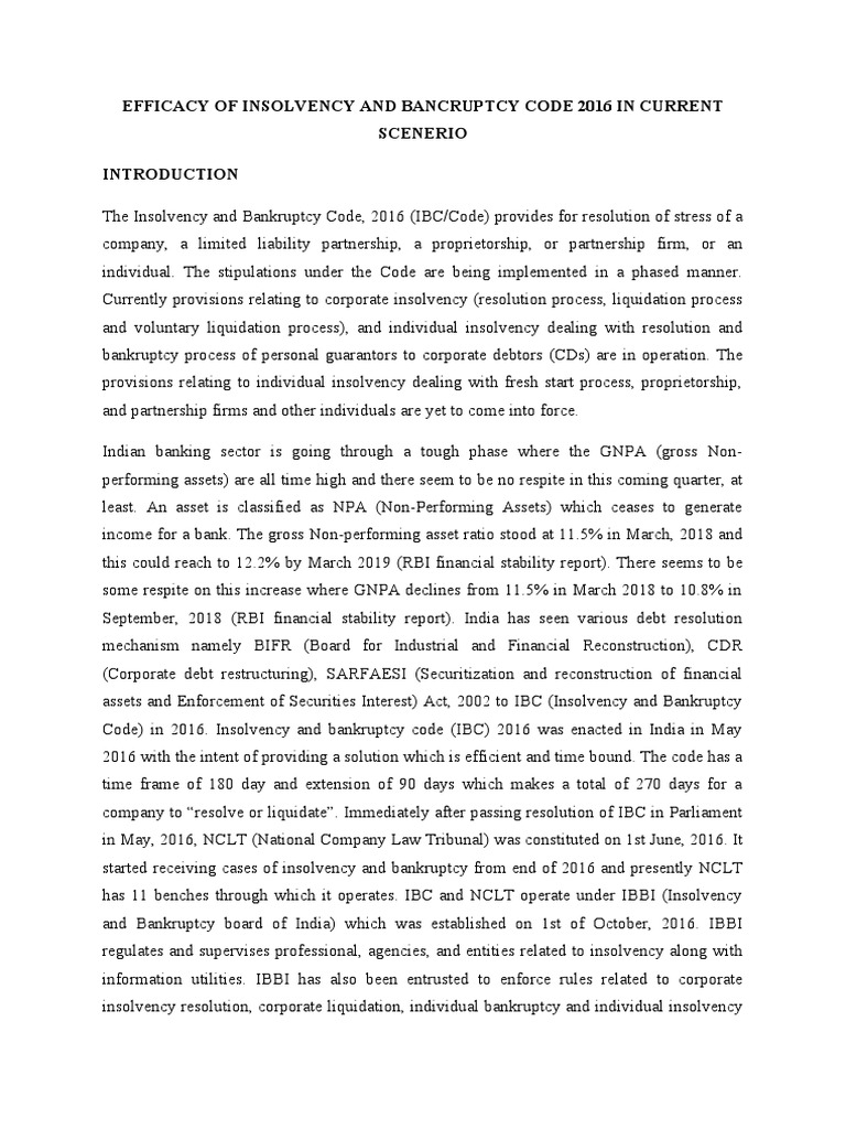 Efficacy Of Insolvency And Bancruptcy Code 2016 In Current Scenerio