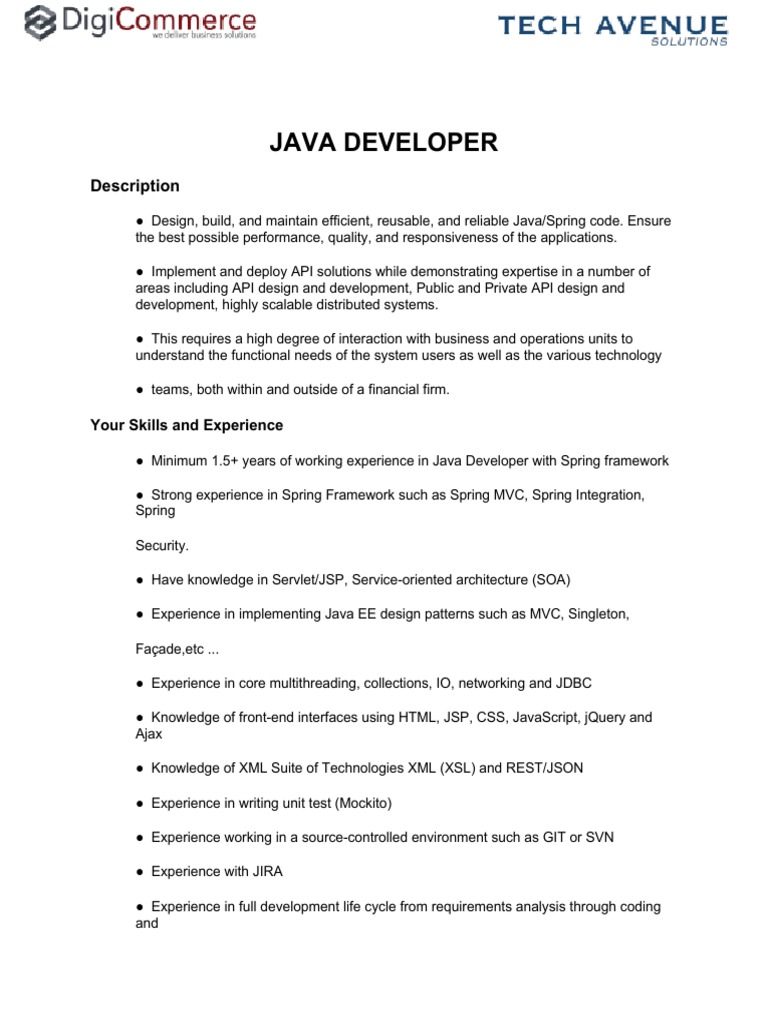 TASV DIGICOMMERCE Java Developer JD - KPDF | PDF | Spring Framework ...