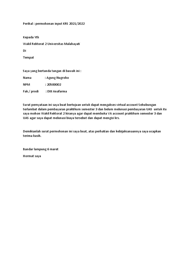 Surat Pernyataan Virtual Account | PDF