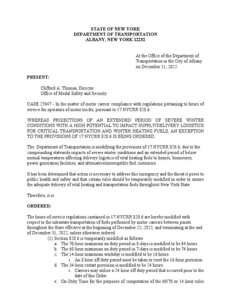 New York 820 6Dec 22 2022 Fuel Waiver PDF Transport