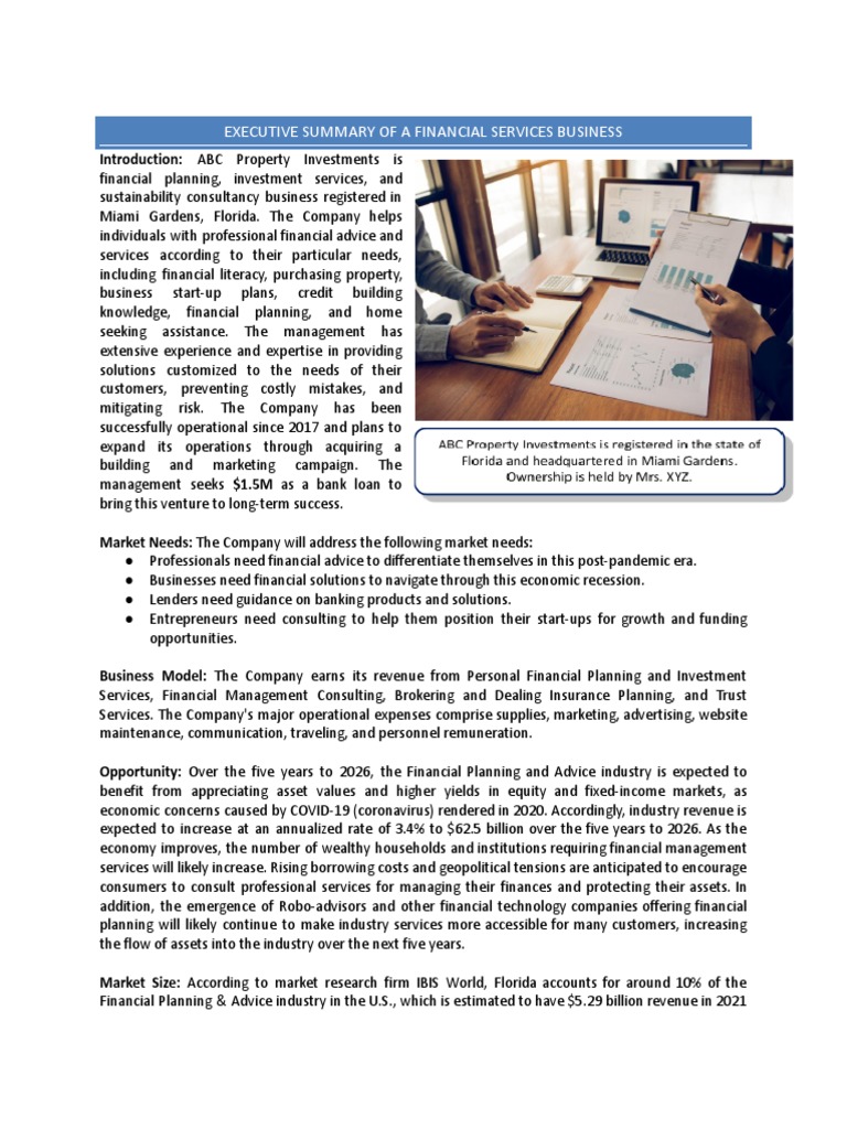 Executive Summary: Financial Services Plan | PDF | Real Estate ...