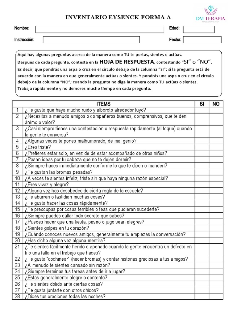Inventario de Eysenck Forma A para Niños | PDF