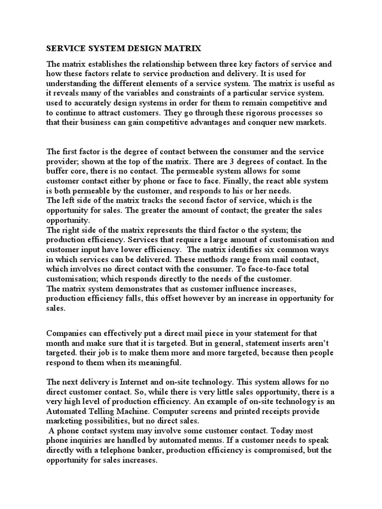 Service System Design Matrix PDF Sales Automated Teller Machine