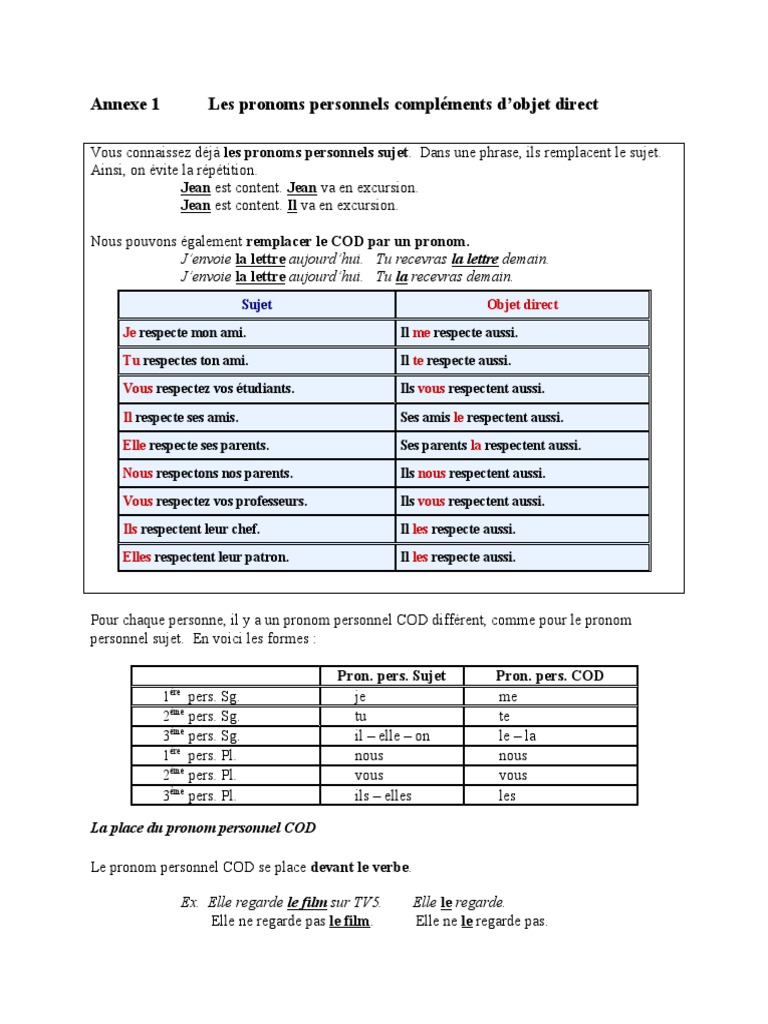 Annexe 1 Les Pronoms Personnels Complements | PDF