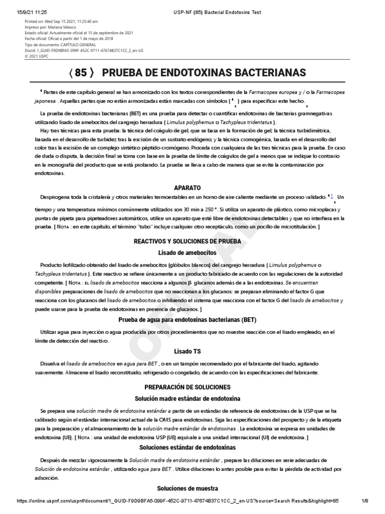 USPNF 85 Bacterial Endotoxins Test PDF Concentración Medicamentos con receta