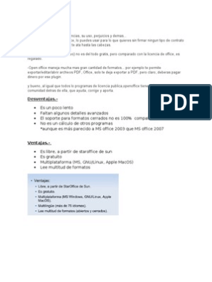 Ventajas y Desventajas de Open Office | PDF | Software Unix | Contenido  libre
