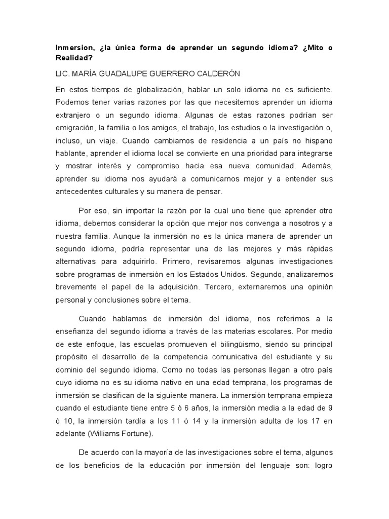 Ensayo Inmersion | PDF | Aprendizaje | Multilingüismo