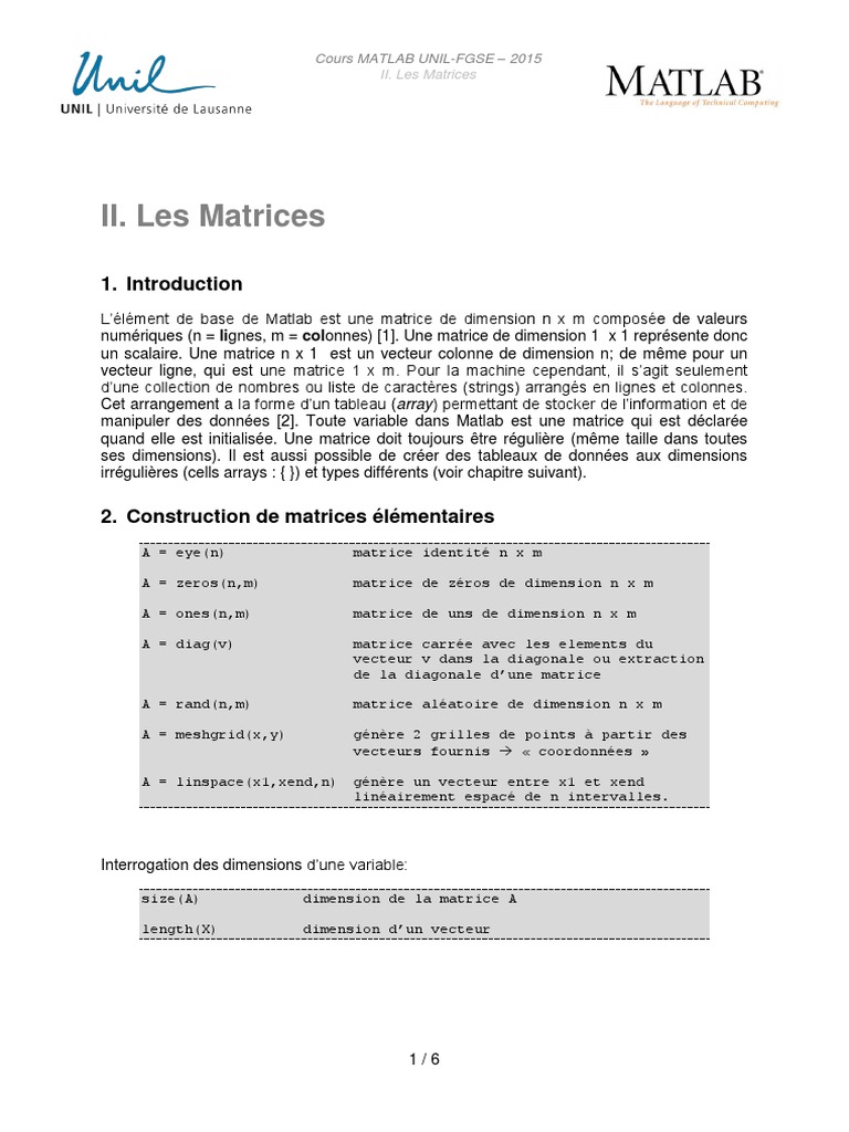 Matrices et opérations dans MATLAB | PDF | Matrice (Mathématiques ...