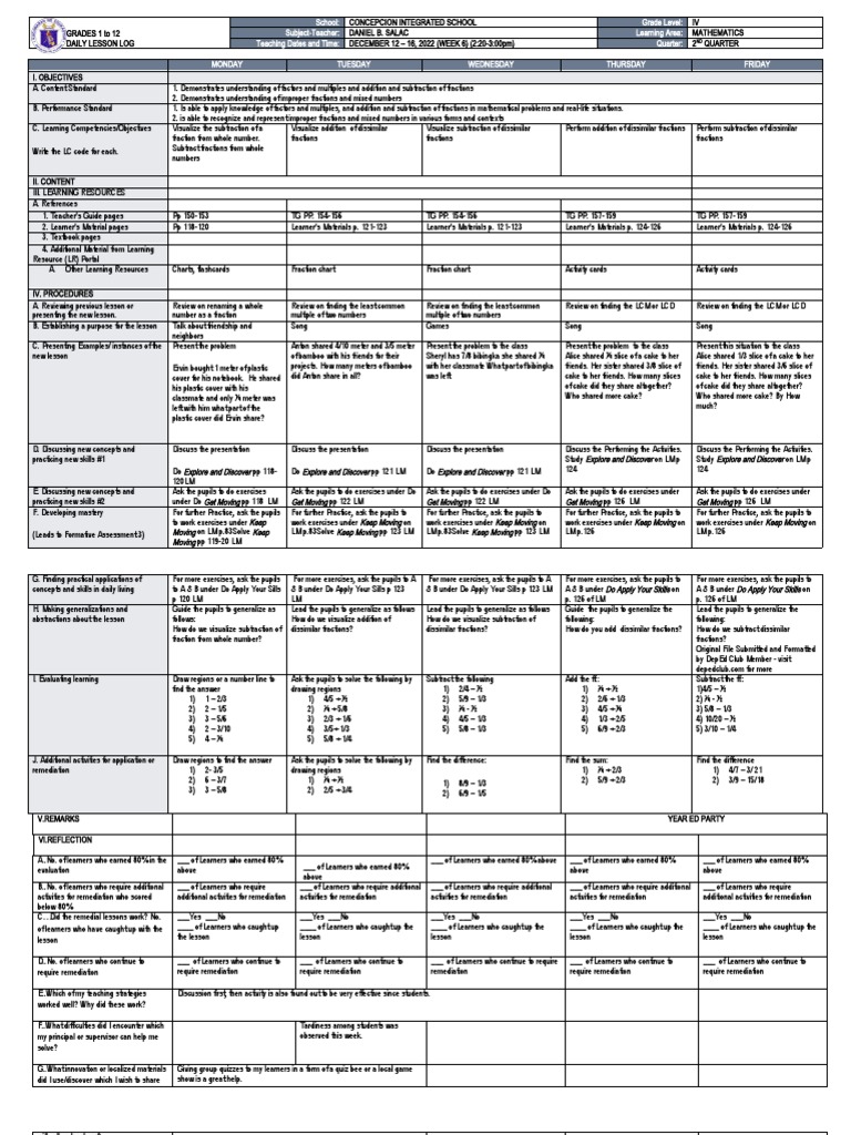Math Lesson Plan: Week 6, Quarter 2 | PDF | Learning | Behavior ...