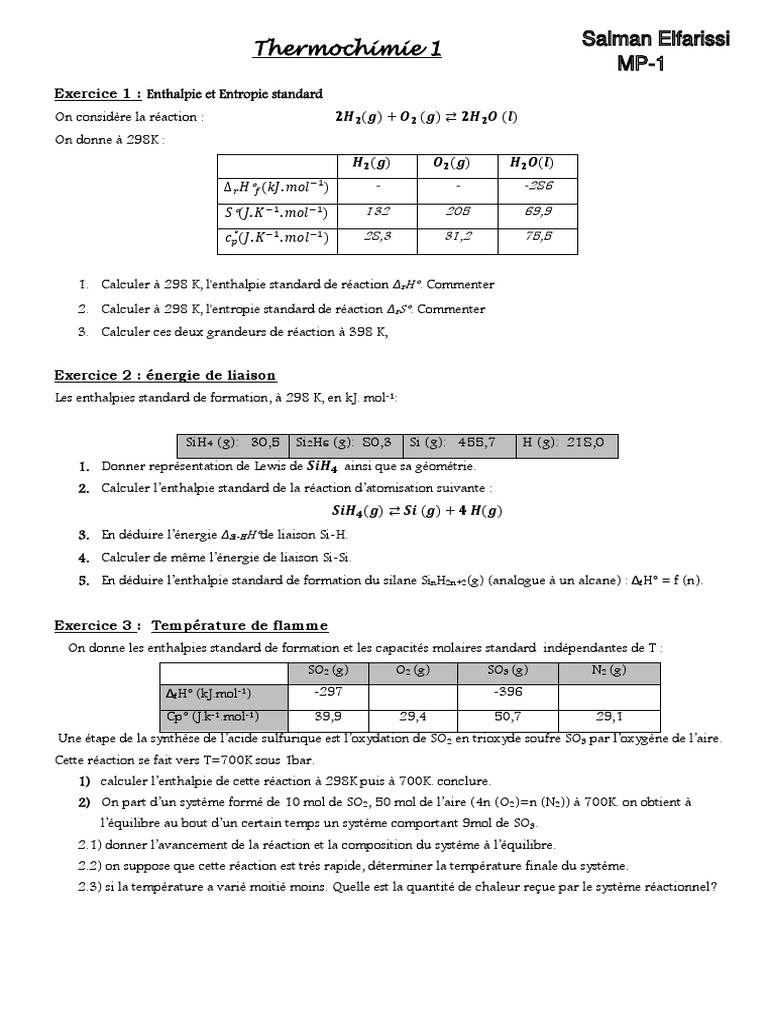 Enthalpie et Entropie en Thermochimie | PDF | Équilibre chimique ...
