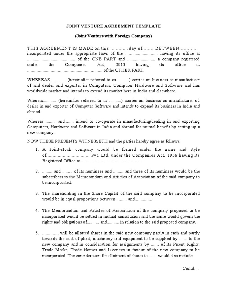 Joint Venture Agreement Template | PDF | Joint Venture | Business Law