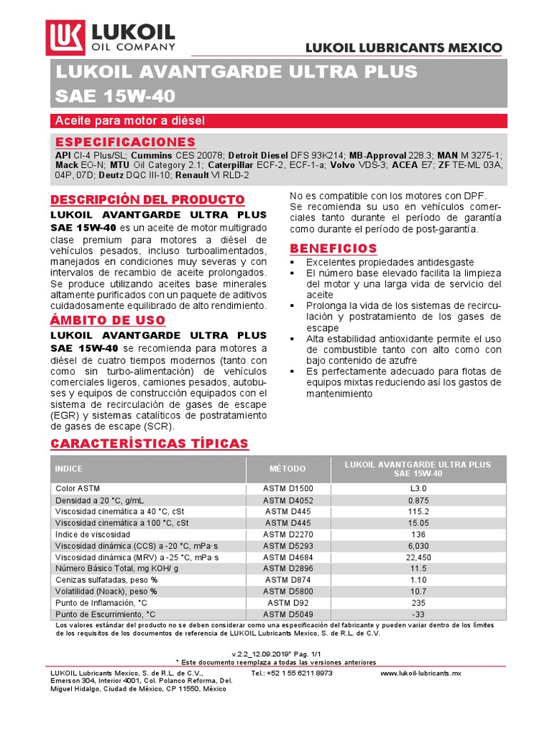 Aceite LUKOIL Avantgarde Ultra 15W-40 | PDF | Propulsión | Máquinas ...