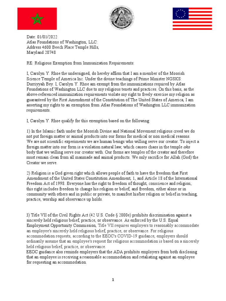 AFFIDAVIT OF VACCINE EXEMPTION ON RELIGIOUS GROUNDS Carolyn Y. Rhoe ...
