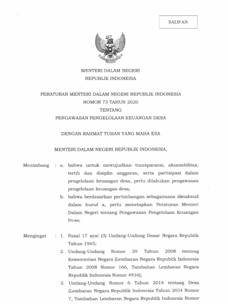 Permendagri No. 73 Tahun 2020 Tentang Pengawasan Pengelolaan Keuangan ...