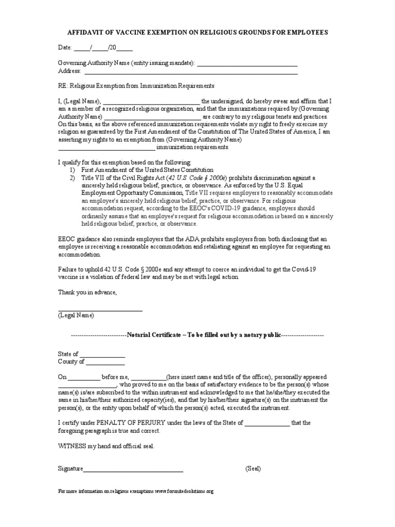 Affidavit of Vaccine Exemption On Religious GR | PDF | Civil Rights Act ...