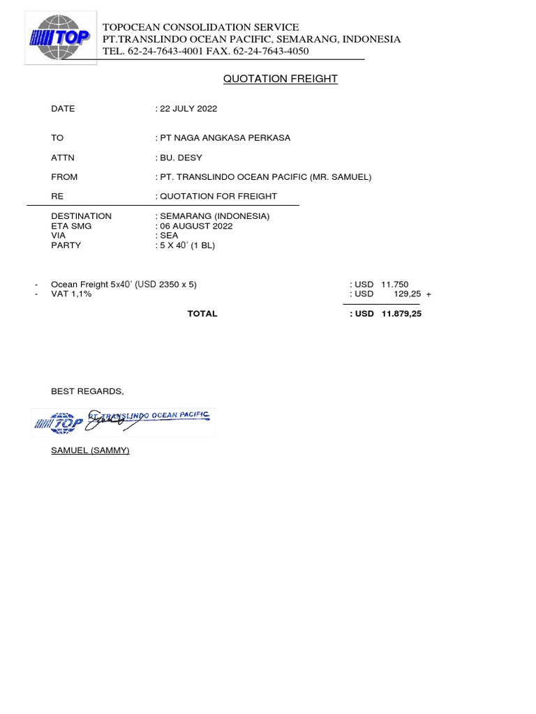 Freight Quotation for PT Naga Angkasa | PDF