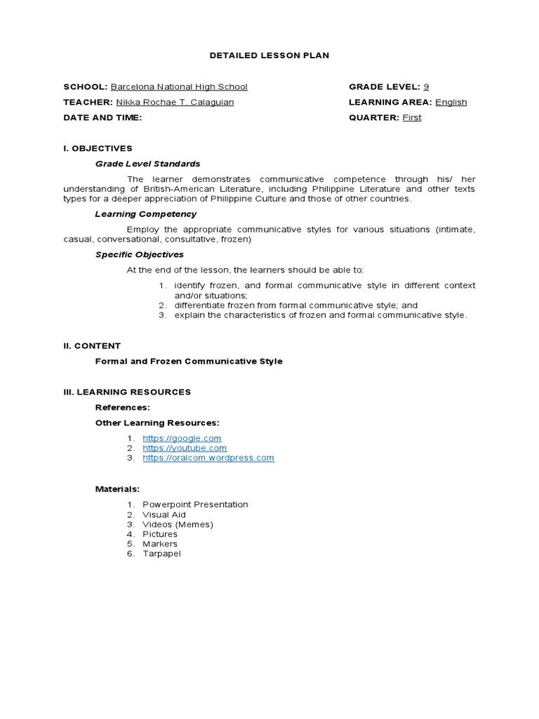 Lesson Plan on Communicative Styles | PDF | Teachers | Learning