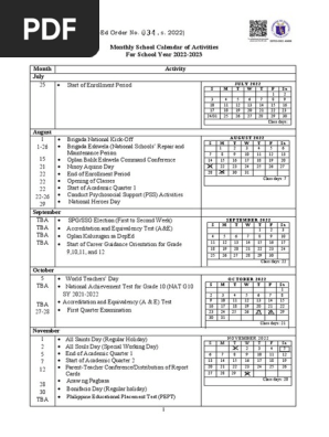DepEd Monthly School Calendar of Activities for 2022-2023