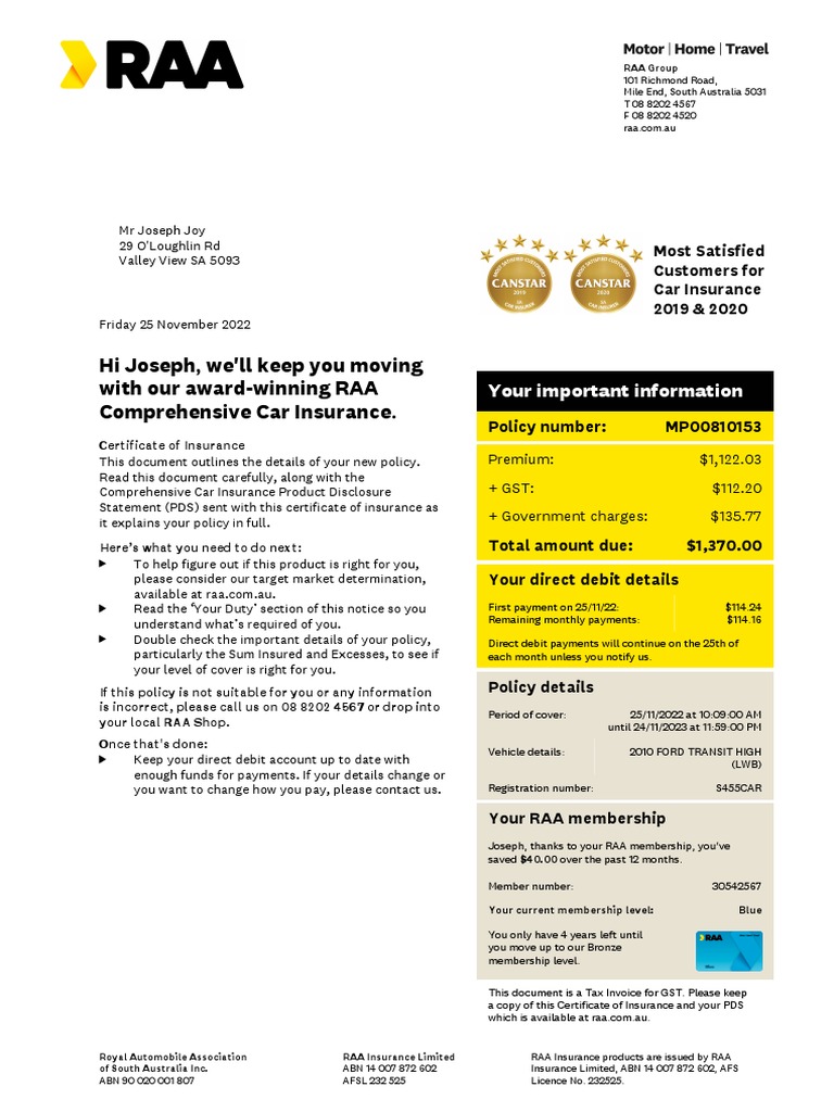 Share RAA Certificate of Insurance MP00810153 Download Free PDF Insurance Vehicle Insurance