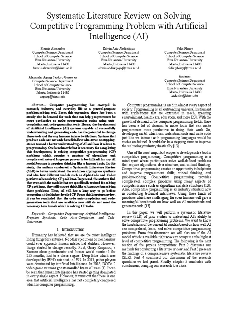 Analyzing the state of artificial intelligence in solving competitive