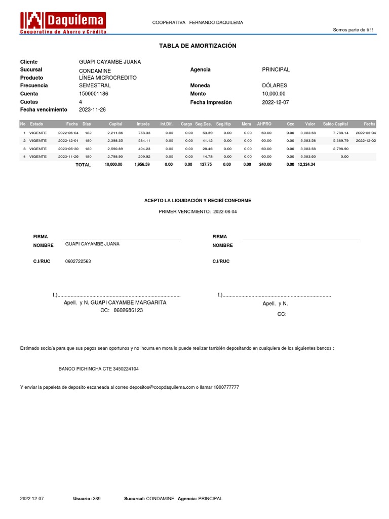 Tabla Amortizacion 1500001186 | PDF | Deuda | Dinero