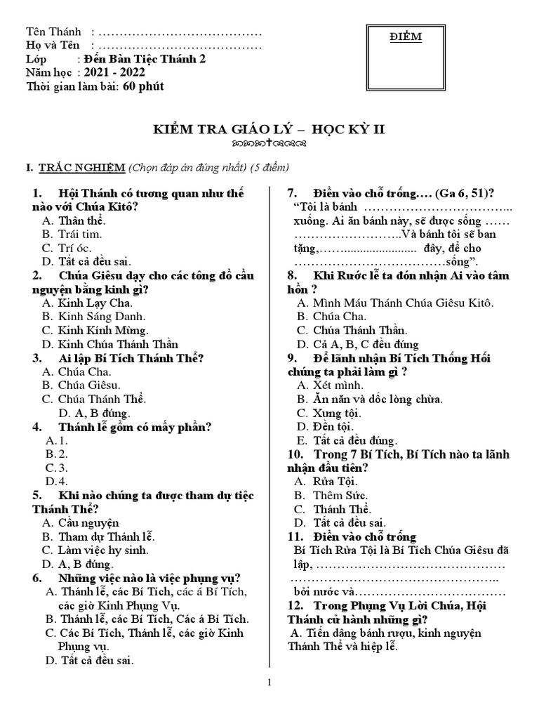 3. ĐỀ THI ĐẾN BÀN TIỆC THÁNH 2- ĐỀ A | PDF