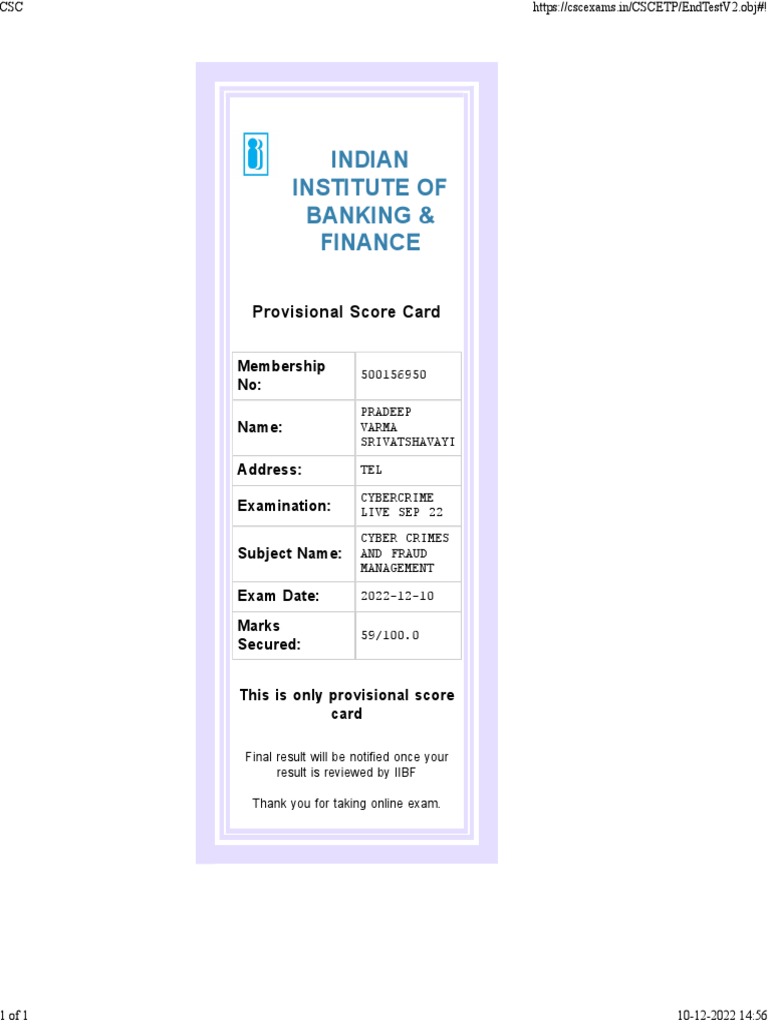 Cybercrime Exam Score Card IIBF | PDF