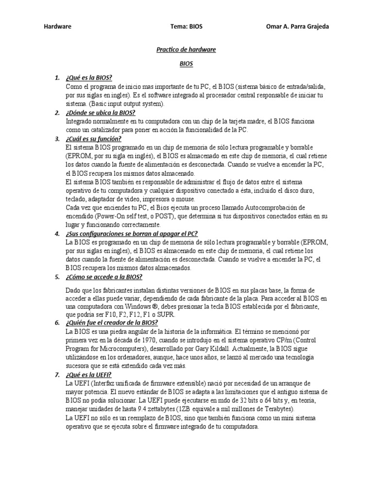 Practico de Hardware BIOS | PDF | Bios | Hardware de la computadora