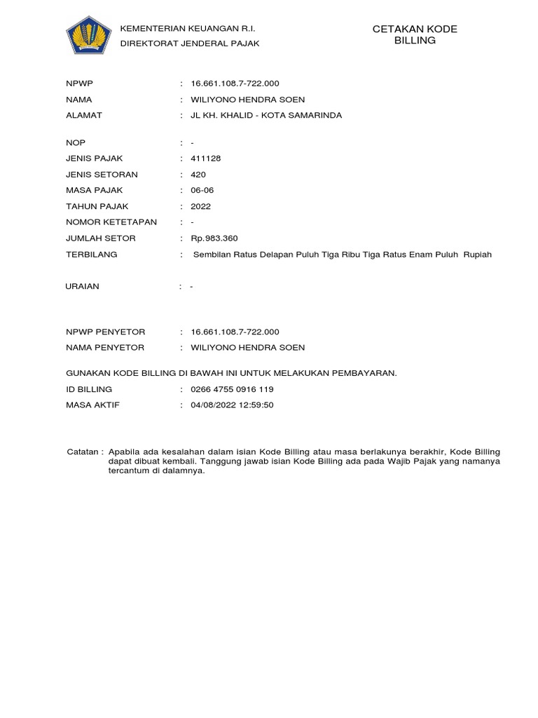 SSP e Billing PPH Pasal 4 Ayat 2 Masa 06 2022 | PDF