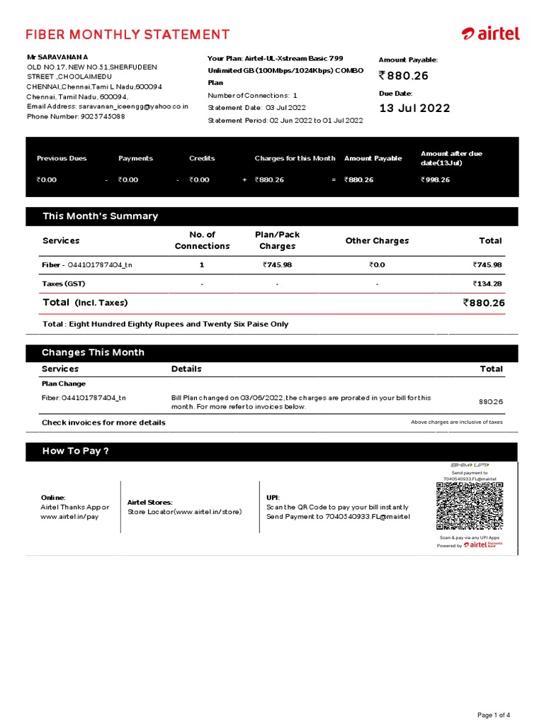 Airtel Fiber Monthly Bill Summary | PDF | Credit Card | Cheque