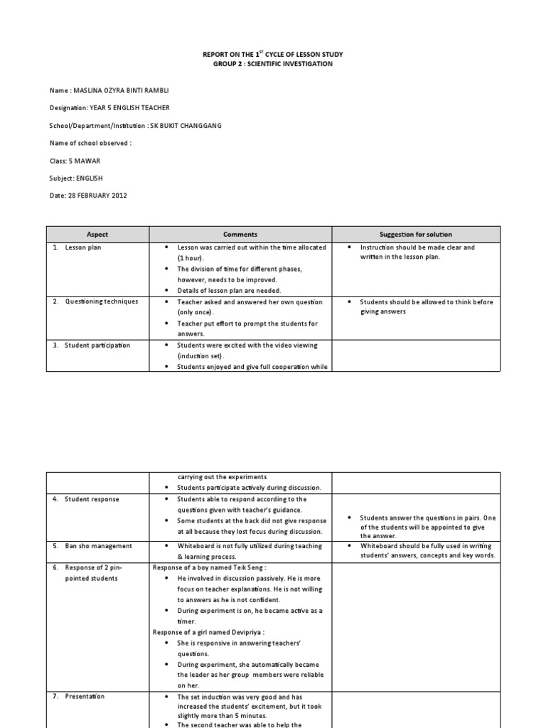 Reflection on Lesson Study Cycle 1 | PDF | Teachers | Lesson Plan
