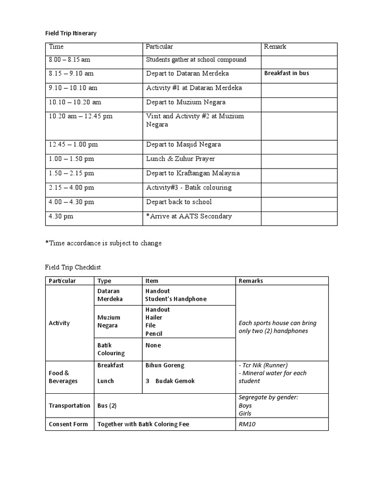 Field Trip Itinerary PDF