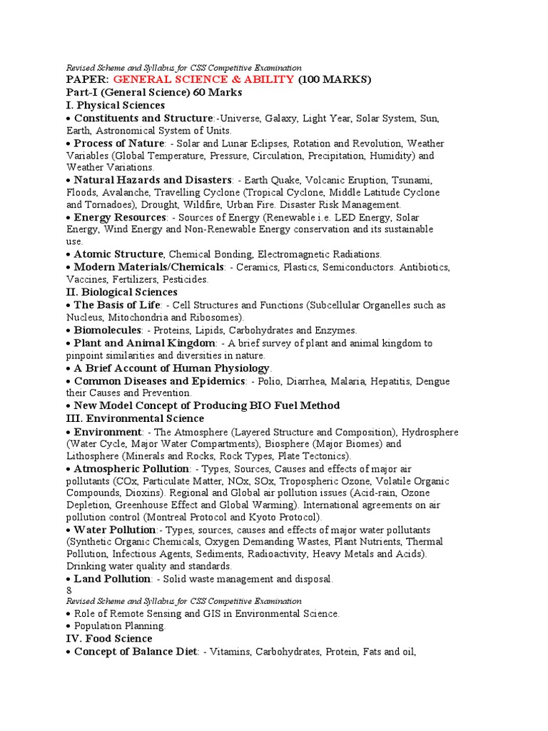 CSS General Science & Ability Syllabus | PDF | Earth | Foods