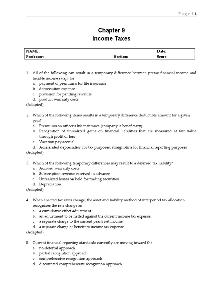 Quiz Chapter+9 Income+Taxes+-+ | PDF | Deferred Tax | Tax Expense