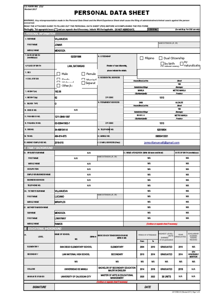 CS Form No. 212 Personal Data Sheet Revised PDF Justice Crime