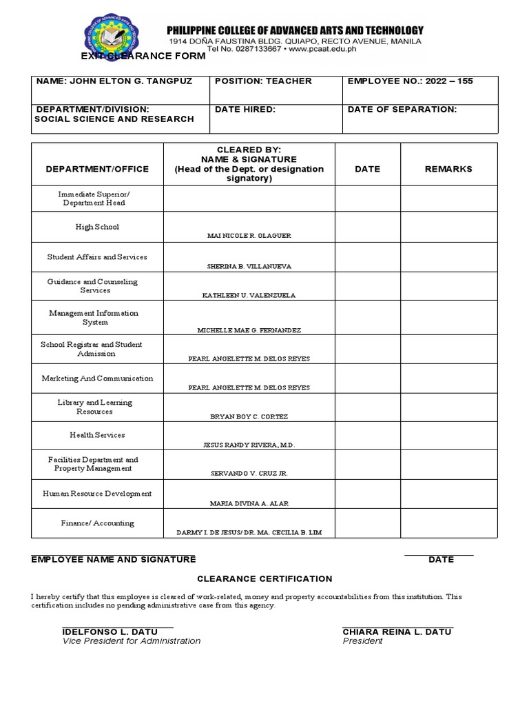 Exit Clearance Form | PDF
