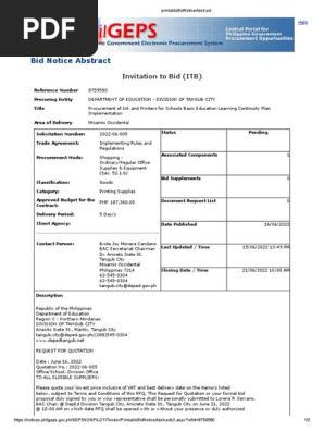 ITB - Procurement of Ink and Printers for Schools Basic Education Learning Continuity Plan Implementation