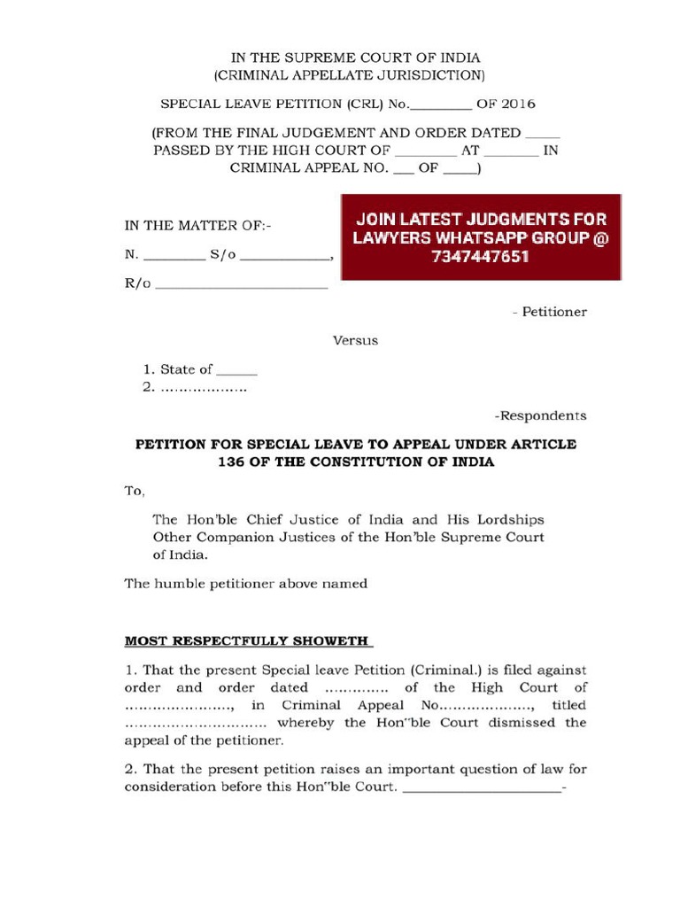 Format of Special Leave To Petition or SLP Criminal Under Article | PDF