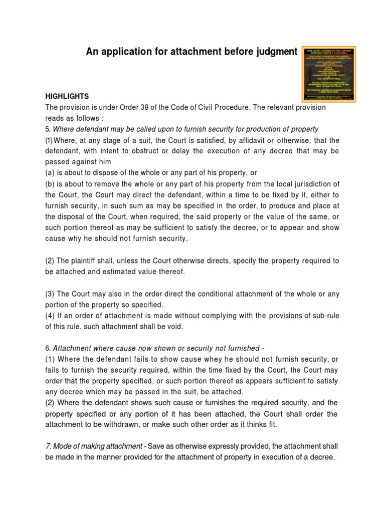 An Application For Attachment Before Judgment | PDF | Lawsuit | Ethical ...