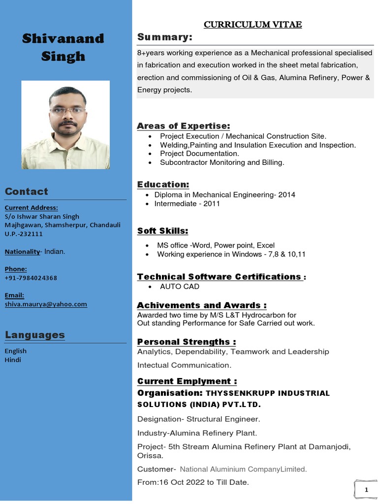 ResumeShivanandSingh-DIPLOMA-FGD EXP RIHAND NTPC, KUNAL | PDF | Quality ...