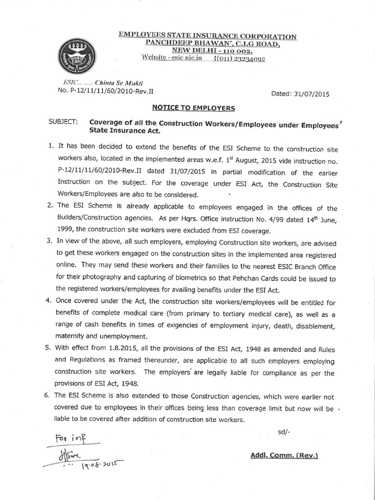 ESIC Construction Workers Applicability Wef 010815 PDF
