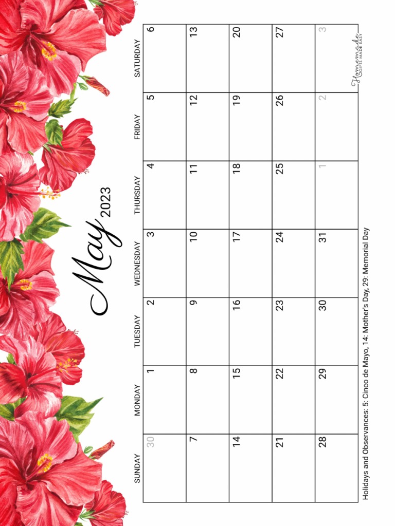 May Calendar 2023 Printable Hibiscus | PDF