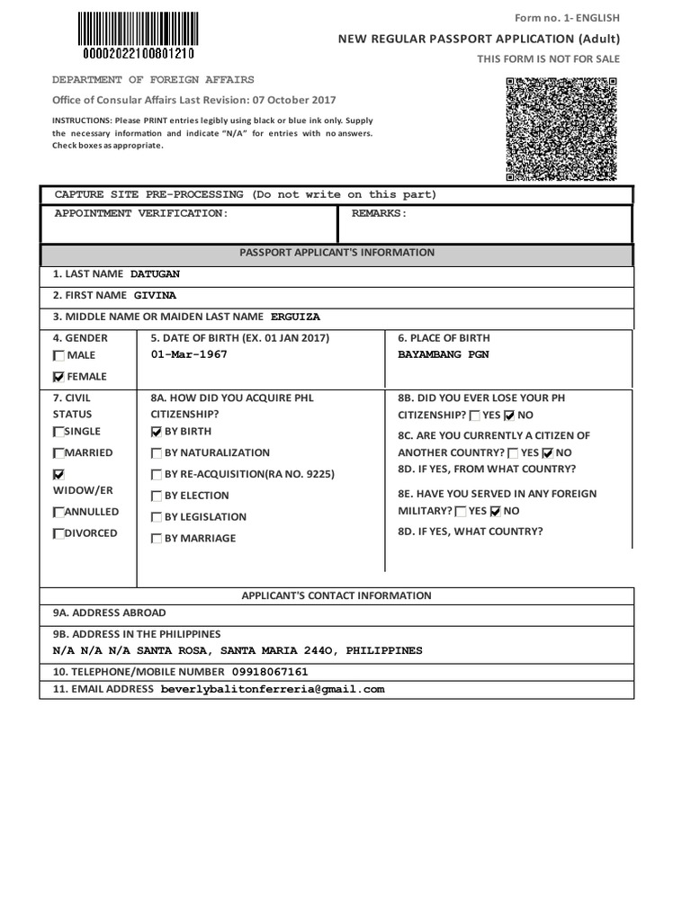 New Regular Passport Application Form For Adult Filipino Citizen Givina