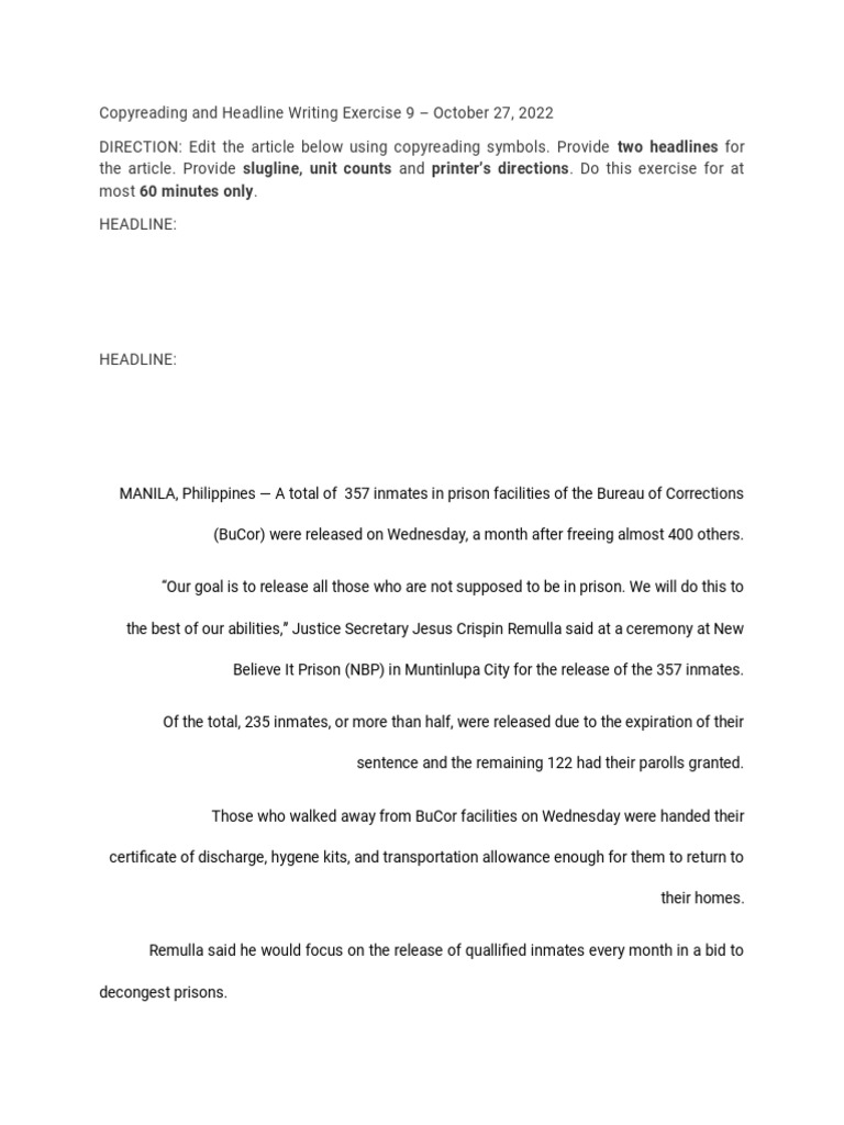 Copyreading and headline writing exercise 9 pdf pardon national