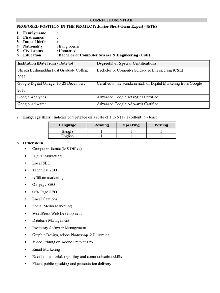 EU Format CV Sample 1 PDF Digital Marketing E Commerce
